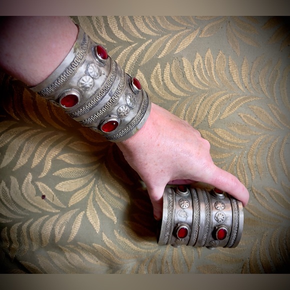 Jewelry - Pair of Vintage Tribal Ersari Turkmen Cuff Bracelets With Red Glass Detail